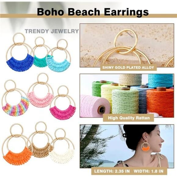 Raffia hoop earrings boho beach rattan dangle lightweight straw drop hoops - Picture 6 of 7